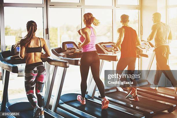 treadmill exercise. - woman walking studio back stock pictures, royalty-free photos & images