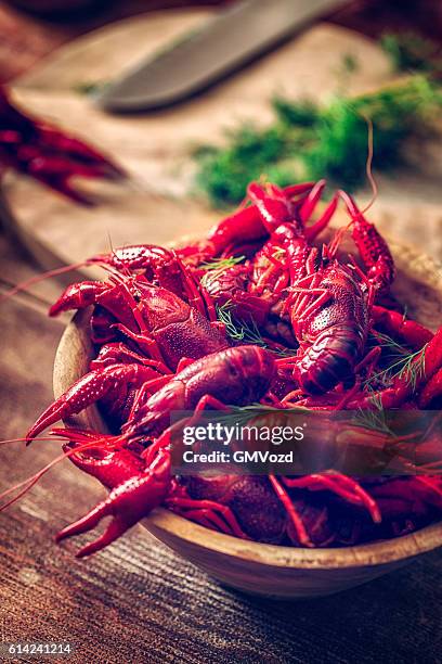 boiled red crayfish with fresh dill - crayfish stock pictures, royalty-free photos & images