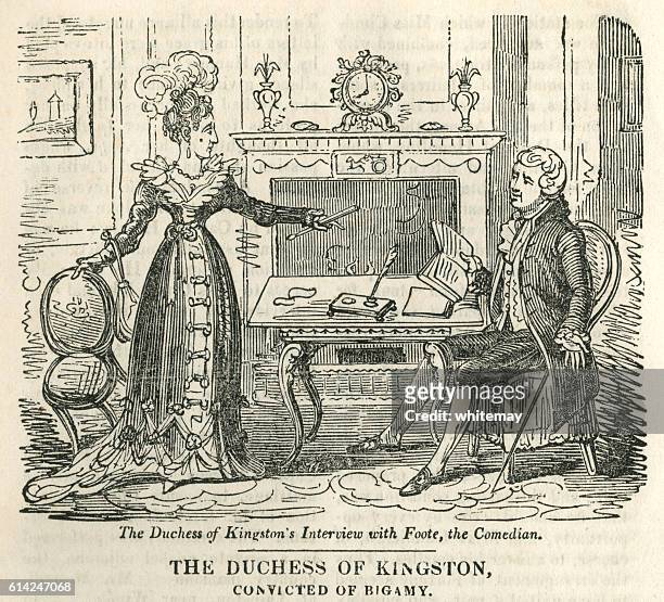 the duchess of kingston, convicted of bigamy - bigamy stock illustrations