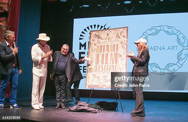 Festival Director Jaie Laplante, Alan Faena, Artist Juan Gatti and Ximena Caminos attend Miami Film Festival 34th Edition Poster Unveiling at Faena...