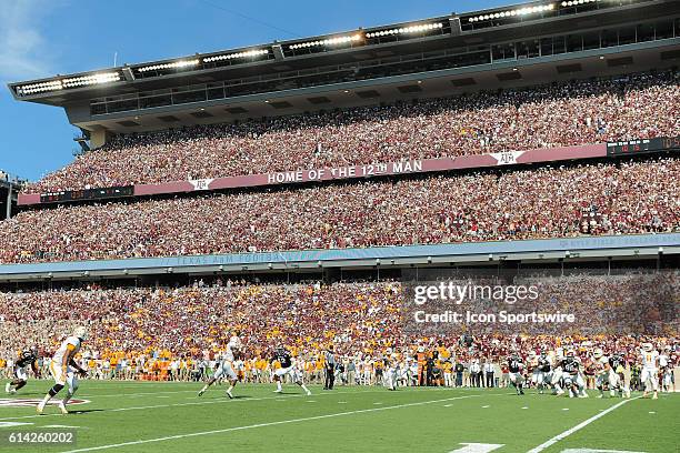 Tennessee Volunteers quarterback Joshua Dobbs completes a pass in front of 106,428 fans, the second largest crowd ever at Kyle Field during the...