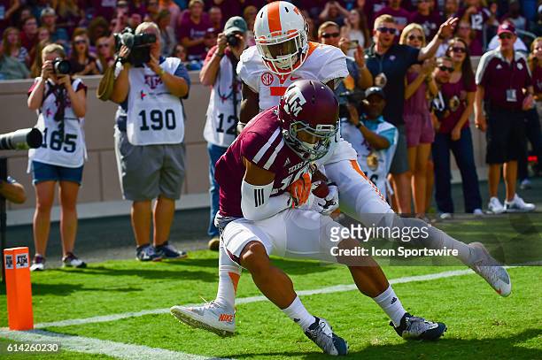 Texas A&M Aggies wide receiver Jeremy Tabuyo makes an incredible catch during the Tennessee Volunteers vs Texas A&M Aggies game at Kyle Field,...