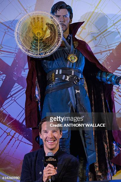 British actor Benedict Cumberbatch attends a press conference to promote his latest movie, Marvel's "Doctor Strange", in Hong Kong on October 13,...