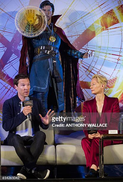 British actors Tilda Swinton and Benedict Cumberbatch attend a press conference to promote their latest movie, Marvel's "Doctor Strange", in Hong...