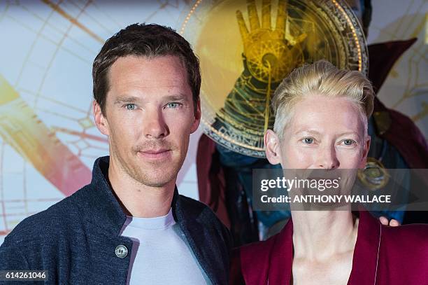 British actors Tilda Swinton and Benedict Cumberbatch attend a press conference to promote their latest movie, Marvel's "Doctor Strange", in Hong...