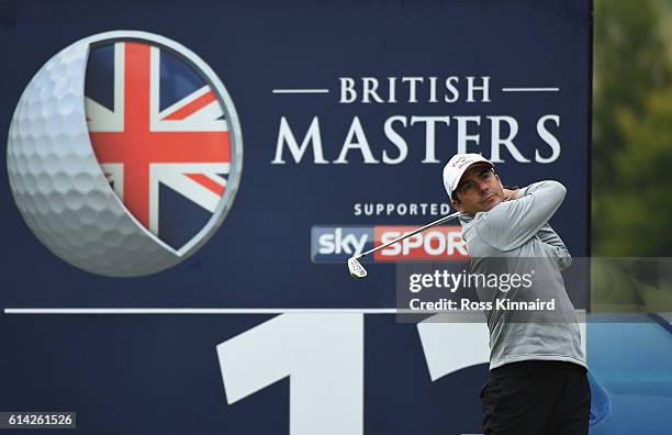 Felipe Aguilar of Chile hits his tee shot on the 13th hole during the first round of the British Masters at The Grove on October 13, 2016 in Watford,...