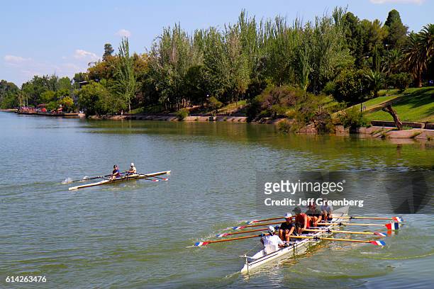 Mendoza Regatta Club, rowers practising on the artificial lake in Parque General San Martin, public park.