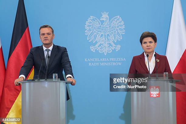 Member of the Divisional Board of Mercedes-Benz Cars,Markus Schaefer , Prime Minister of Poland, Beata Szydlo during the press conference in Warsaw,...