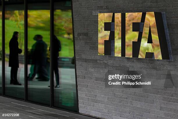 Logo next to the entrance during part I of the FIFA Council Meeting 2016 at the FIFA headquarters on October 13, 2016 in Zurich, Switzerland.