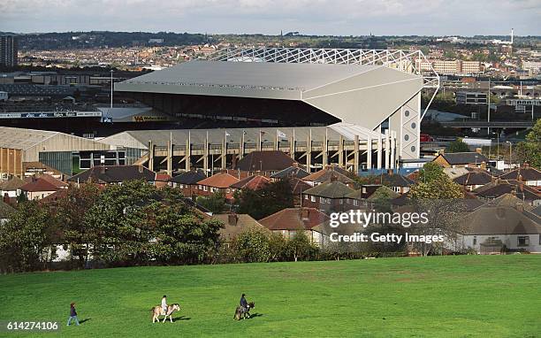 General view from a nearby field, of Elland Road, home to Leeds United FC, in March 1996 in Leeds, England.