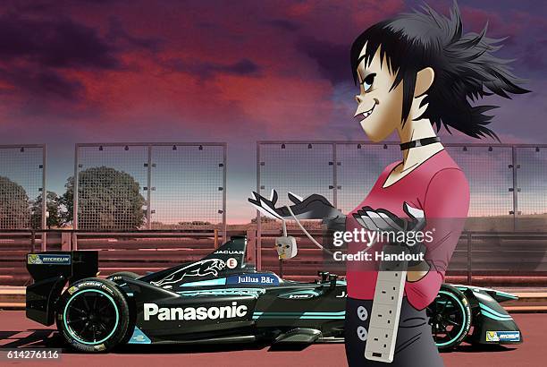 In this handout image supplied by Panasonic Jaguar Racing, Global Brand Ambassador Noodle of the Gorillaz poses with the Panasonic Jaguar Racing...