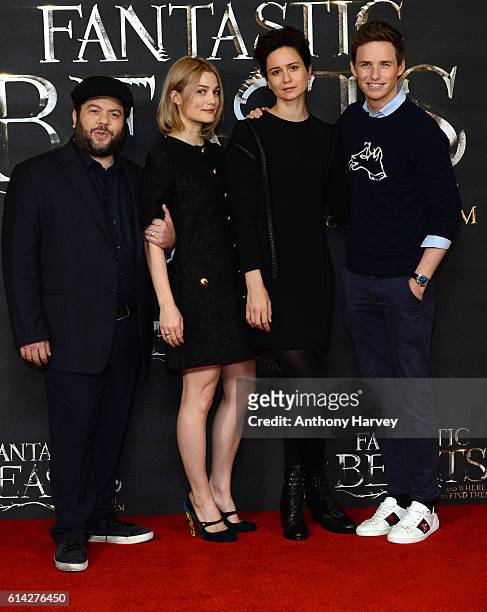 Dan Fogler, Alison Sudol, Katherine Waterston and Eddie Redmayne attend a photocall for "Fantastic Beast And Where To Find Them" at May Fair Hotel on...