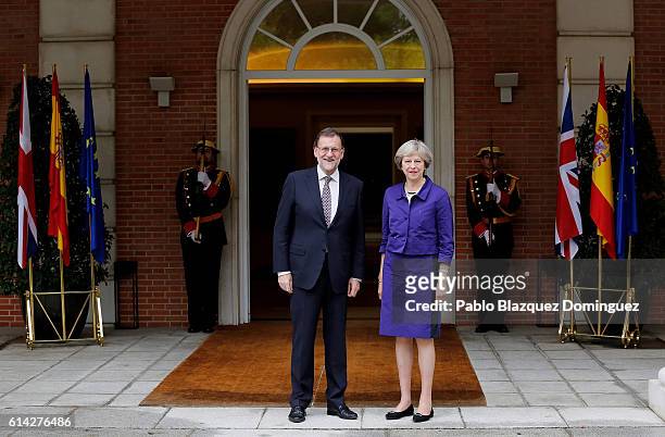 British Prime Minister Theresa May meets Spanish caretaker Prime Minister Mariano Rajoy at Moncloa Palace on October 13, 2016 in Madrid, Spain. May's...