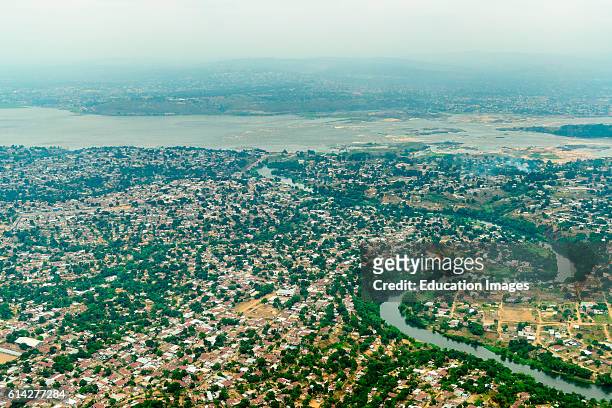 Aerial view of Brazzaville with the Congo River and Kinshasa, Capital of Democratic Republic of the Congo in the background.