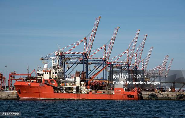 Port of Cape Town South Africa the Tricia K An Offshore Tug And Supply Vessel Alongside With Gantrys In the Container Port Behind.