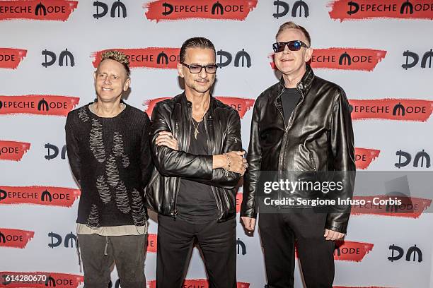 Martin Lee Gore, Dave Gahan and Andrew Fletcher of Depeche Mode for a press event on October 11, 2016 in Milan, Italy.