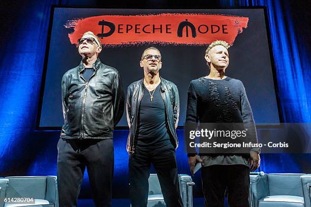 Andrew Fletcher, Dave Gahan and Martin Lee Gore of Depeche Mode for a Press Event on October 11, 2016 in Milan, Italy.
