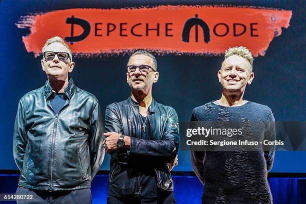 Andrew Fletcher, Dave Gahan and Martin Lee Gore of Depeche Mode for a Press Event on October 11, 2016 in Milan, Italy.