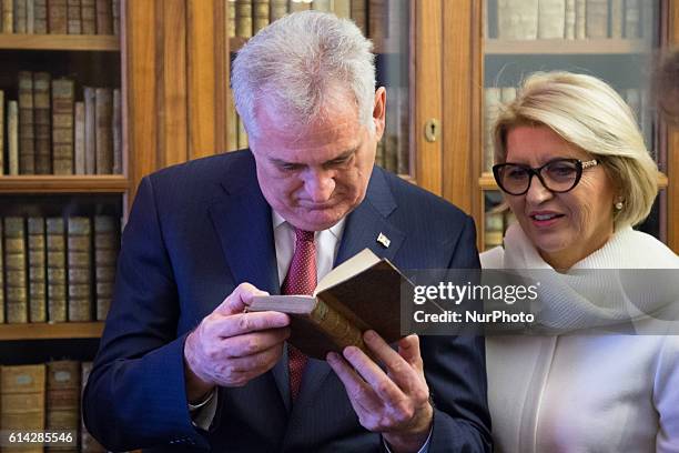 Serbian President Nikolic and his wife Dragica Nikolic during visit the National Library of Russia in St Petersburg