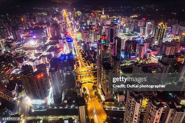 elevated view of shenzhen skyline at night - 深圳市 ストックフォトと画像