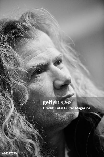 Portrait of American musician Dave Mustaine, guitarist and vocalist with thrash metal group Megadeth, photographed during an interview at Wembley...