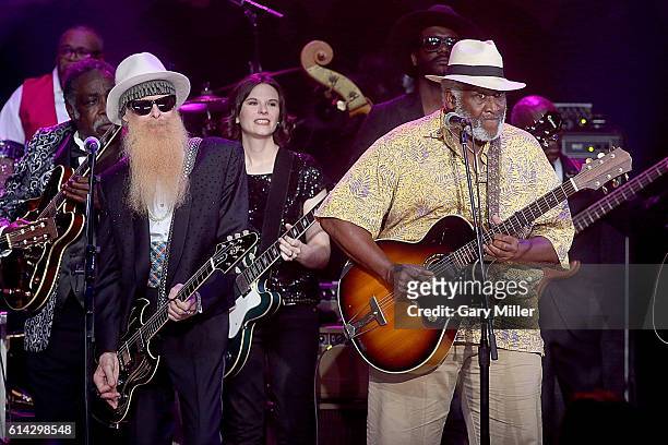 Billy Gibbons, Eve Monsees and Taj Mahal perform in concert during the finale of the ACL Hall of Fame performance at ACL Live on October 12, 2016 in...
