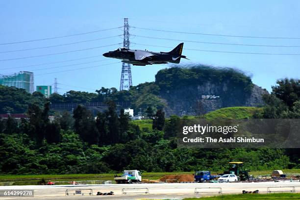 An U.S. Marines AV-8 Harrier jet takes off at Kadena Air Base on October 7, 2016 in kadena, Okinawa, Japan. The Marine Corps resumed the AV-8B...
