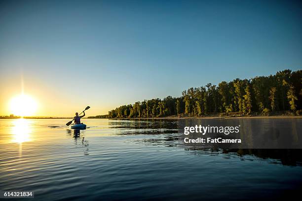 adult male paddling in a kayak on a river next to - columbia river stock pictures, royalty-free photos & images