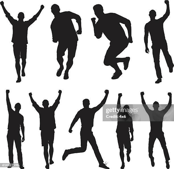 men jumping and cheering - arms outstretched silhouette stock illustrations