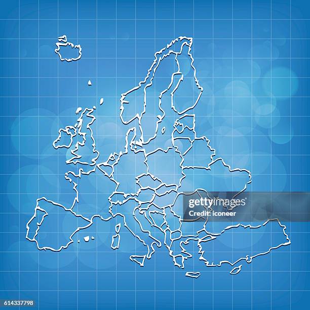 europe blue lines scribbled map on blue grid background - looking through an object stock illustrations