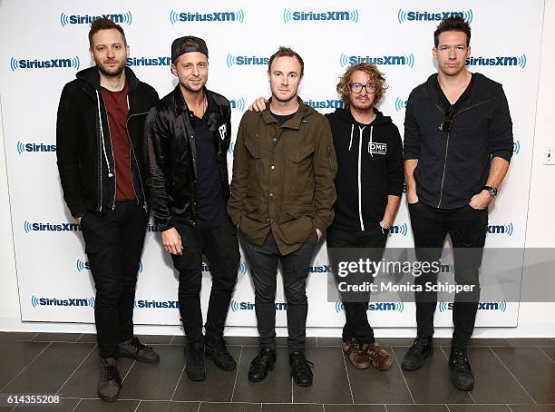 Musicians Brent Kutzle, Ryan Tedder, Eddie Fisher, Drew Brown and Zach Filkins of band OneRepublic visit SiriusXM Studio on October 13, 2016 in New...