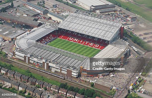 An aerial view of Old Trafford, home of Manchester United FC, before the EURO 96' match between Germany and Russia on June 16, 1996 in Manchester,...