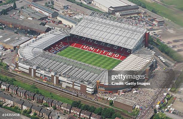 An aerial view of Old Trafford, home of Manchester United FC, before the EURO 96' match between Germany and Russia on June 16, 1996 in Manchester,...