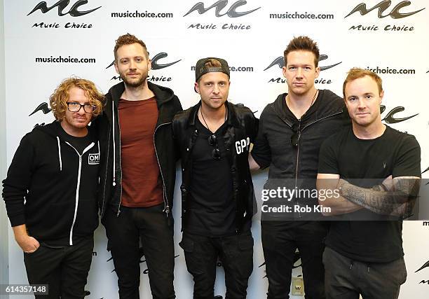 Members of OneRepublic Drew Brown, Brent Kutzle, Ryan Tedder, Zach Filkins and Eddie Fisher visit at Music Choice on October 13, 2016 in New York...