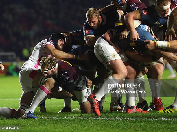 Joe Marler of Harlequins scores the opening try during the European Rugby Challenge Cup match between Harlequins v Stade Francais Paris on October...