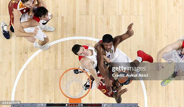 Russ Smith, #0 of Galatasaray Odeabank Istanbul competes with Kyle Hines, #42 of CSKA Moscow during the 2016/2017 Turkish Airlines EuroLeague Regular...