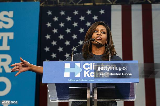 First Lady Michelle Obama speaks during a campaign rally in support of U.S. Democratic Presidential nominee Hillary Clinton at Southern New Hampshire...