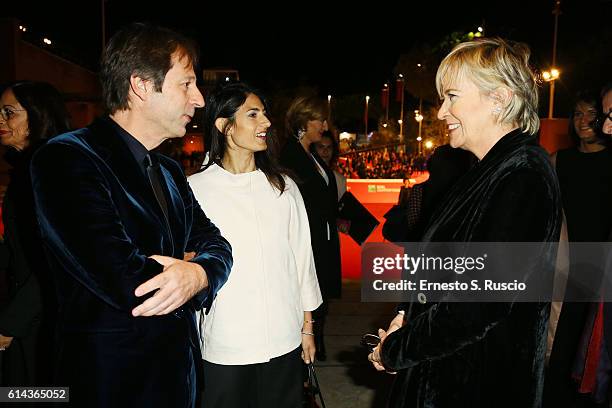 Luca Bergamo, mayor of Rome Virginia Raggi and president of the festival Piera Detassis during a red carpet for 'Moonlight' on October 13, 2016 in...