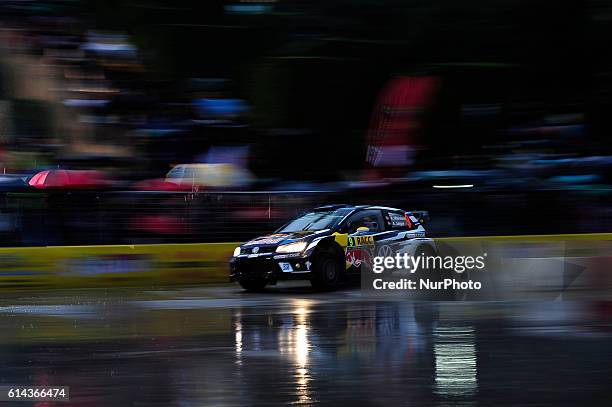 Andreas Mikkelsen and his co-driver Anders Jaener, of Volkswagen Motorsport, driving their Volkswagen Polo R WRC, during the Barcelona special stage...