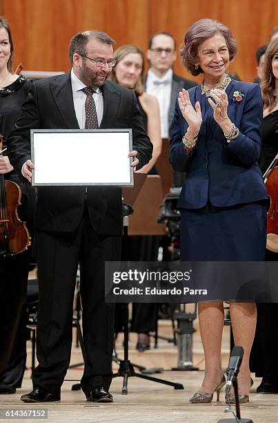 Queen Sofia of Spain and composer Francisco Martin attend the XXXIII Queen Sofia Prize for Music Composition at Monumental theatre on October 13,...