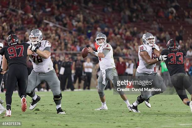 Luke Falk of the Washington State Huskies plays in an NCAA Pac12 football game against the Stanford Cardinal on October 8, 2016 at Stanford Stadium...