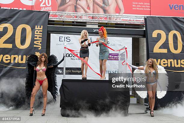 Micaela Schaefer, Mia Julia Brueckner, Lexy Roxx and Sarah Jeolle Jahnel attend the opening of the 20th Venus Erotic Fair at Palais am Funkturm in...