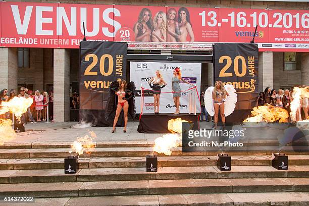 Micaela Schaefer, Mia Julia Brueckner, Lexy Roxx and Sarah Jeolle Jahnel attend the opening of the 20th Venus Erotic Fair at Palais am Funkturm in...