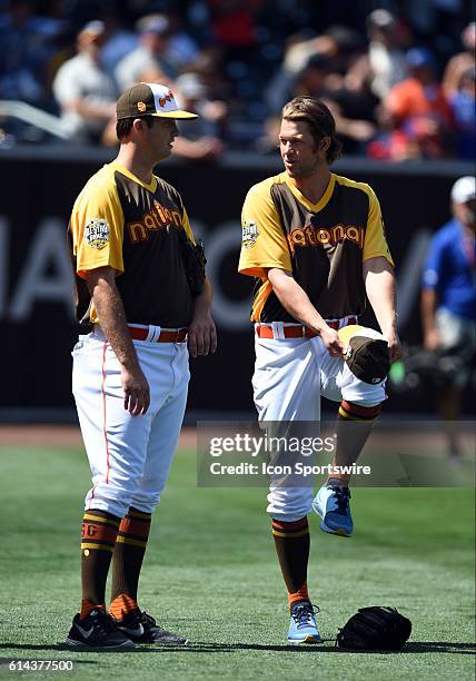 Drew Pomeranz LHP of the San Diego Padres and Clayton Kershaw LHP of the Los Angeles Dodgers during the Gatorade All-Star Workout Day at PETCO Park...