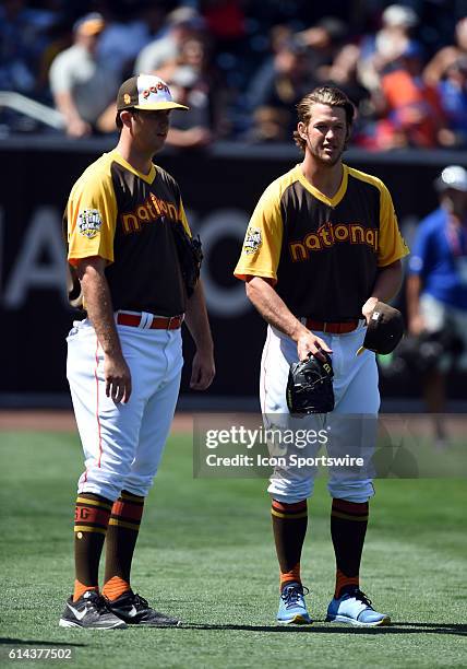 Drew Pomeranz LHP of the San Diego Padres and Clayton Kershaw LHP of the Los Angeles Dodgers during the Gatorade All-Star Workout Day at PETCO Park...