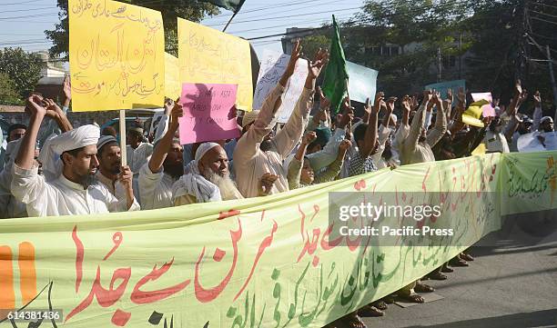 Pakistani Sunni Muslims from a religious group protest against Asia Bibi, a Christian woman facing death sentence for blasphemy, in Lahore....