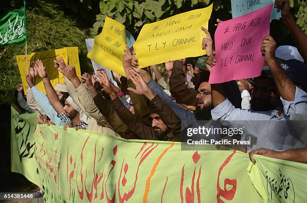 Pakistani Sunni Muslims from a religious group protest against Asia Bibi, a Christian woman facing death sentence for blasphemy, in Lahore....