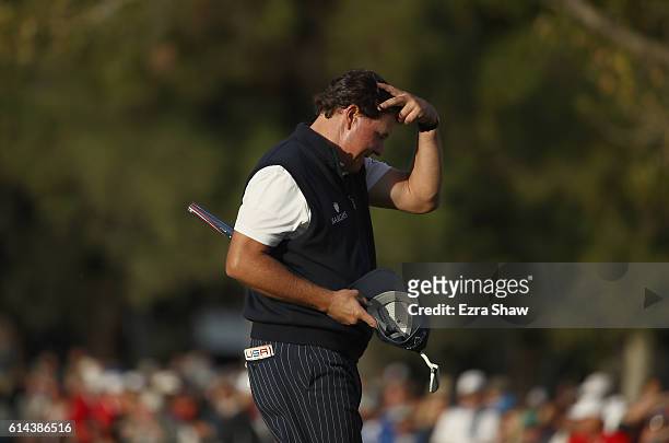 Phil Mickelson finishes his round on the 18th hole during round one of the Safeway Open at the North Course of the Silverado Resort and Spa on...