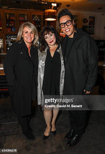 Sally Lindsey, Harriet Thorpe and Gok Wan attend the press night after party for "The Dresser" at The National Cafe on October 13, 2016 in London,...