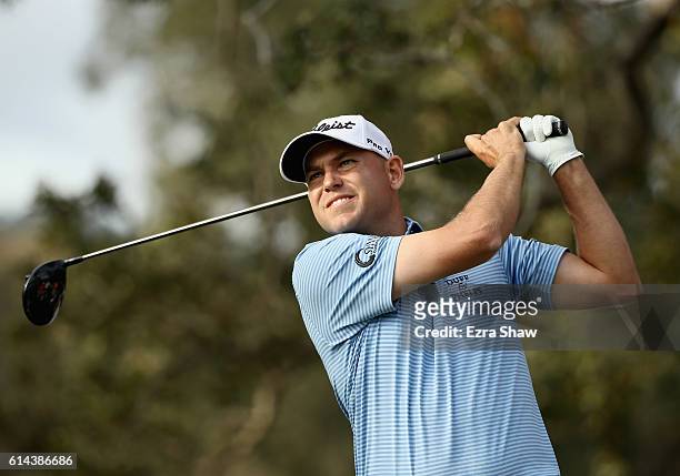 Bill Haas tees off on the 16th hole during round one of the Safeway Open at the North Course of the Silverado Resort and Spa on October 13, 2016 in...